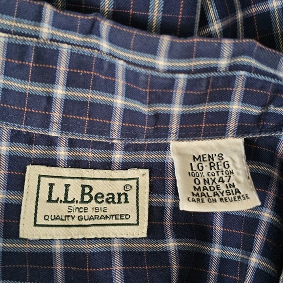 L.L. Bean Mens Navy Blue Plaid Short Sleeve Button-Up Shirt Lg-Reg 100% Cotton - Picture 3 of 8
